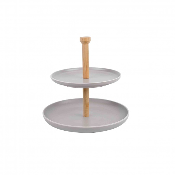 Менажниця 2-ярусна сіра кераміка/бамбук Н24 см (134069) 
