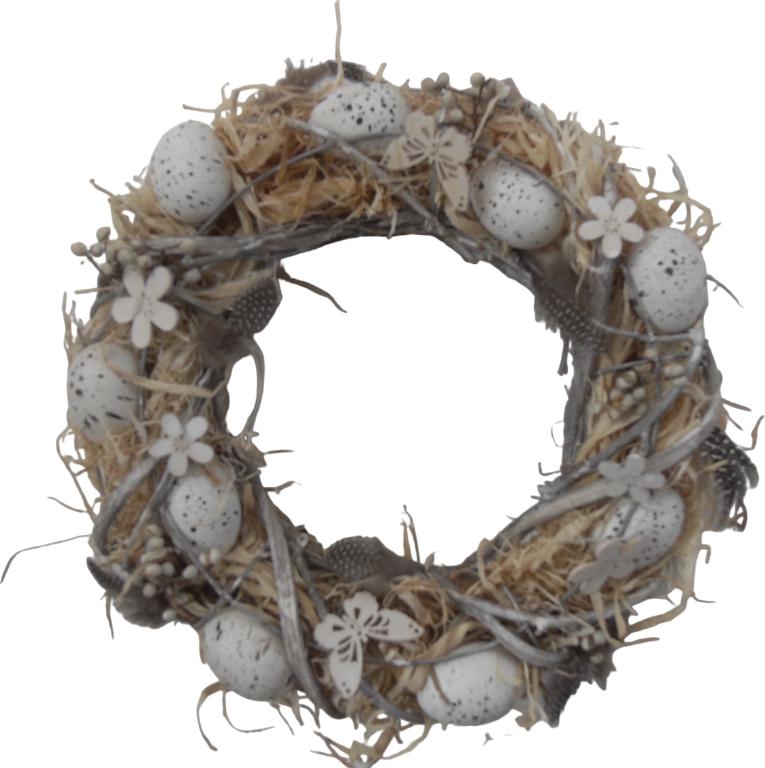 Вінок декоративний пасхальний з яйцями і квітами пінопл./гілки натур. д.25 см