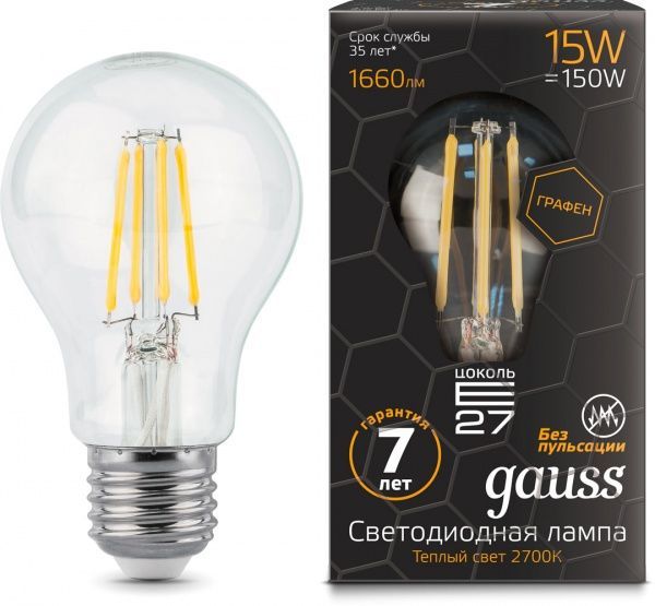Лампа світлодіодна Gauss Black FIL Graphene A60 15 Вт E27 2700 К 220 В прозора 