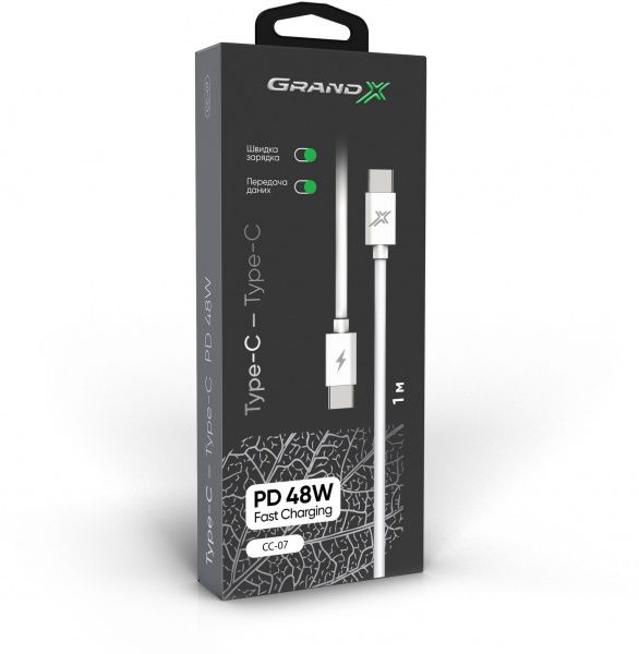 Кабель Grand-X Type-C Type-C для швидкої зарядки 48W 1 м white (CC-07) 
