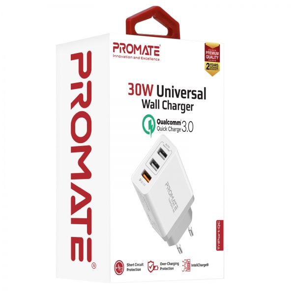 Зарядное устройство Promate TriPort-QC 30Вт USB QC3.0 + 2 USB White