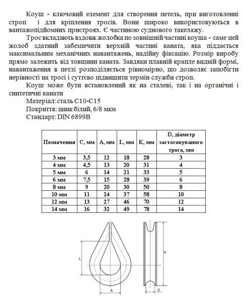 Коуш для сталевих канатів 3 мм
