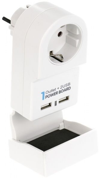 Переходник сетевой EMT евровилка/розетка+2USB с подставкой под мобильный телефон белый 2-0163 