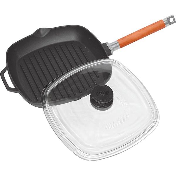 Сковорода-гриль чугунная съемая ручка + стеклянная крышка 26 см 1026С Biol
