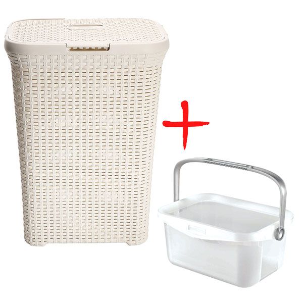 Корзина для белья Curver Rattan Style 40 л кремовая + ведро для порошка 3 л