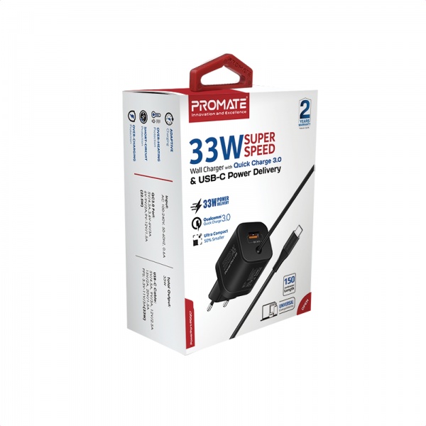 Сетевое зарядное устройство Promate PowerPort-PDQC3 33 Вт USB-A порт + USB-C кабель (powerport-pdqc3.black) 