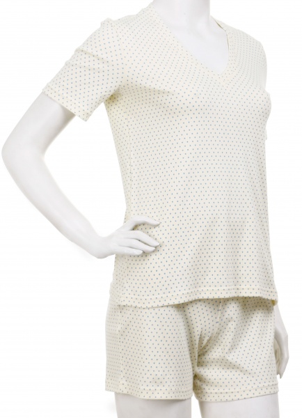 Комплект домашний женский Горошек голубой футболка и шорты р. M молочный