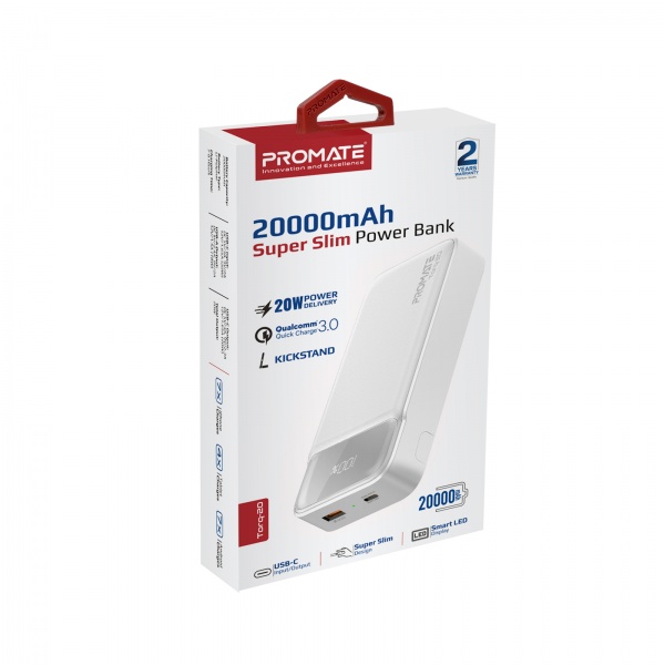 Универсальная мобильная батарея Promate 20000 mAh white (torq-20.white) USB-C PD, USB-А QC3.0 