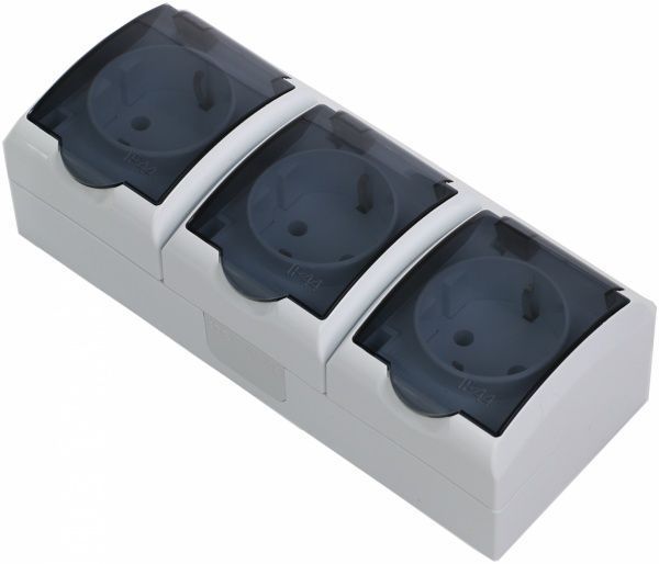 Розетка потрійна із заземленням Ospel Fala без шторок з кришкою чорний