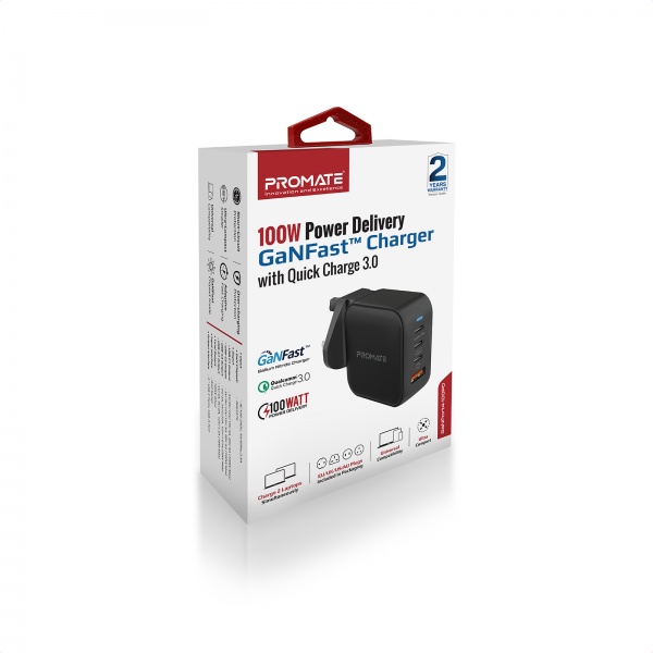Сетевое зарядное устройство Promate GaNPort4-100PD 100 Вт 3хUSB-C+USB-A Black 