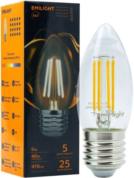 Лампа світлодіодна Emilight FIL CL C35 5 Вт E27 3000 К 220 В прозора LED Filament C35-5W-3000K-E27- 