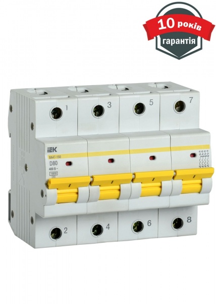 Автоматичний вимикач IEK ВА47-150 4Р 80А 15кА MVA50-4-080-D