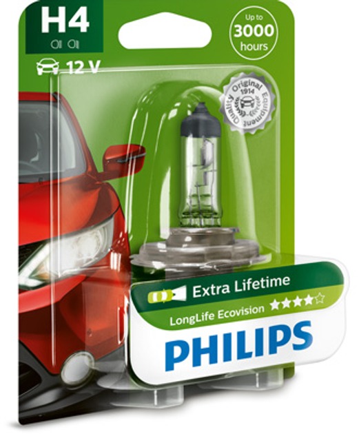 Автолампа галогенная Philips P43t-38 LongerLife Ecovision H4 60/55 Вт 1 шт.(PS 12342 LLECO B1)