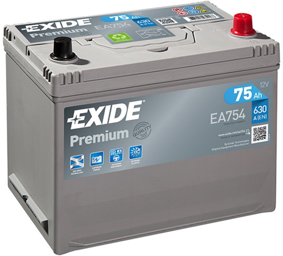 Аккумулятор автомобильный EXIDE Premium 75Ah 630A 12V EA754 «+» справа (EA754)