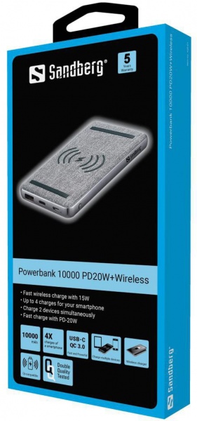 Внешний аккумулятор (Powerbank) Sandberg PD20W Wireless 10000 m/Ah grey (826139) 