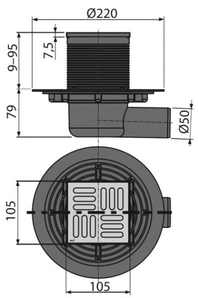 Душевой трап Alca Plast рап 105x105/50мм с боковым подводом, решетка из н.ж стали, гидрозатвор мокрый