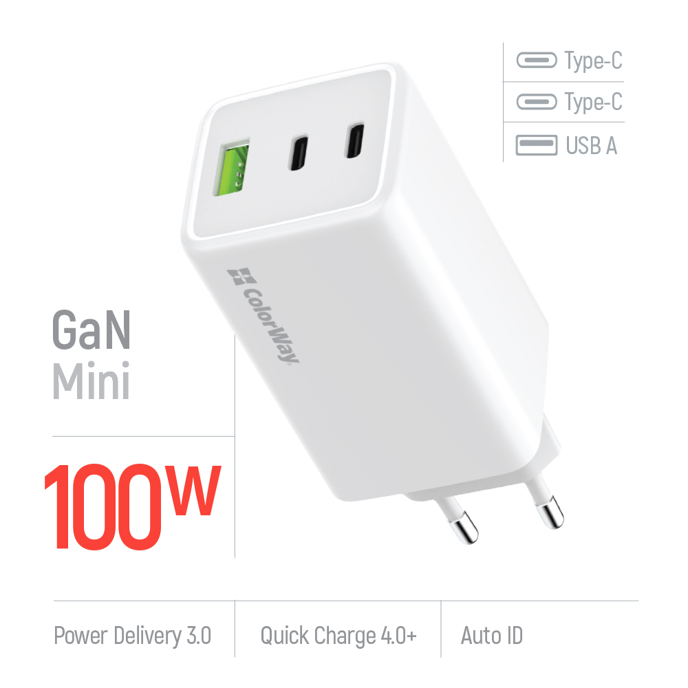 Мережевий зарядний пристрій ColorWay GaN Mini 100W PD Port PPS USB (USB-2C1A) білий (CW-CHS061PD-WT)