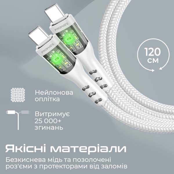 Кабель Promate TransLine-CC USB-C to USB-C 60W Power Delivery 1,2 м білий (transline-cc.white) 