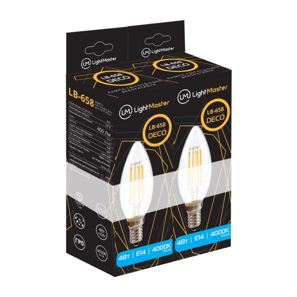 Лампа светодиодная LightMaster FIL Deco 2 шт./уп. C37 4 Вт E14 4000 К 220 В прозрачная LB-658