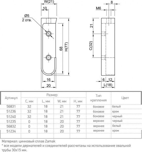 Тримач труби Ferro Fiori 30х15 M 11010.77 комплект правий + лівий білий 56831 