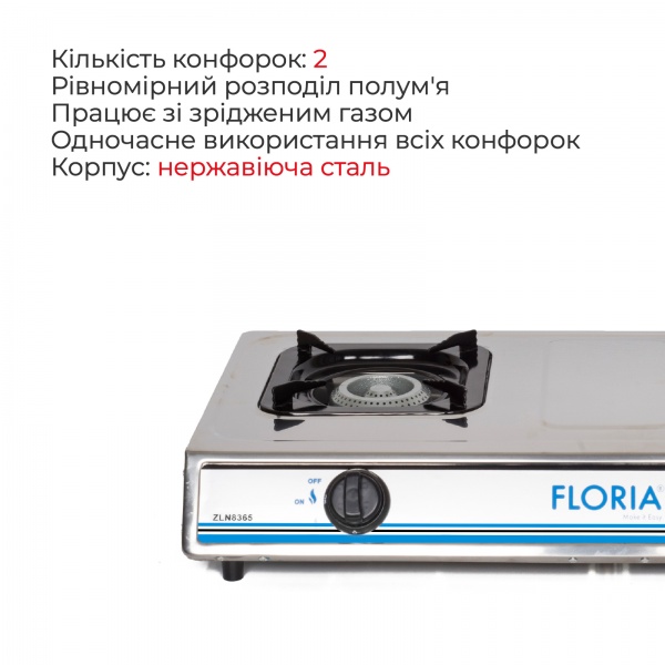 Плита газовая настольная Floria ZLN8365 2 конфорки Silver 