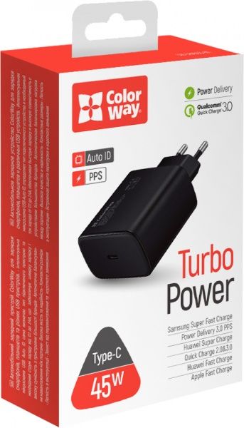Сетевое зарядное устройство ColorWay Power Delivery Port PPS USB Type-C (45W) черный