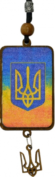 Подвеска деревянная Герб Украины 15 см желто-голубой P-2202