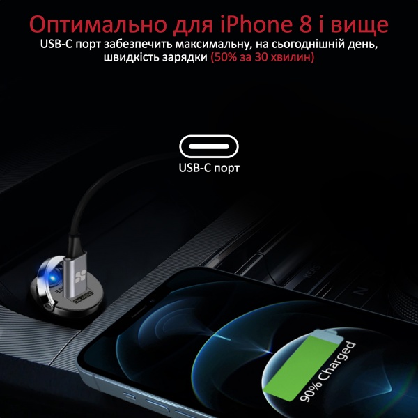 Автомобильное зарядное устройство Promate Bullet-PD20 Вт USB-C Black 