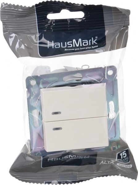 Вимикач пластик двоклавішний HausMark Alta з підсвіткою 10 А 220В крем SNG-SWP,SQ20MG2W1L-CR