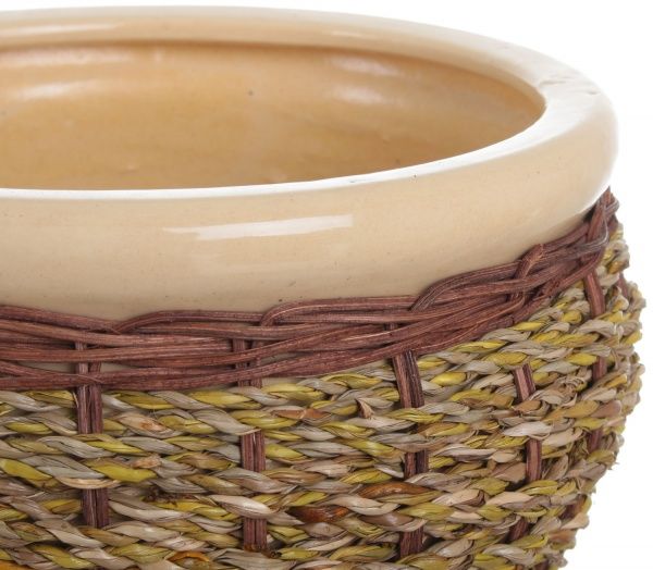 Горшок Viet Thanh Ceramic с блюдцем плетеный 23х16 см VT.10875-2 круглый бежевый с коричневым 