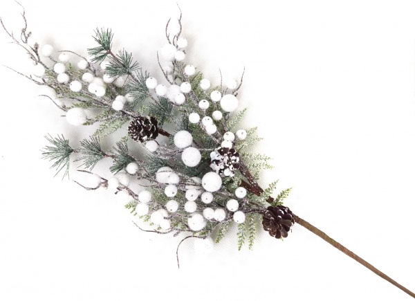 Гілочка декоративна засніжена з пучками хвої і білими ягодами 80 см RS1Z2690 