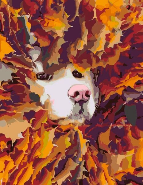 Набір, техніка акриловий живопис за номерами Пес в листях 35х45 см Rosa Start 