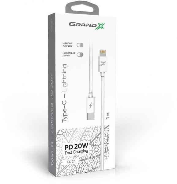 Кабель Grand-X TypeC-Lightning для швикої зарядки iPhone 20W 1 м white (CL-07) 