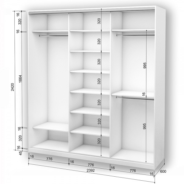 Шкаф-купе 3.262.242.60-3 ROKO 2392x600x2420 мм белый двери / ДСП/зеркало/ДСП