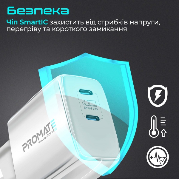 Мережевий зарядний пристрій Promate PowerPort-65 Вт, 2хUSB-C Power Delivery white 