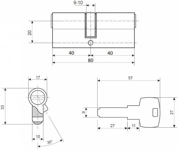Цилиндр Apecs EM-80-NI (CIS) 40x40 ключ-ключ 80 мм хром