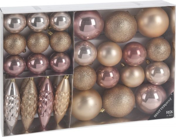 Набор елочных игрушек пластиковых золотых и розовых 31 шт./уп. 