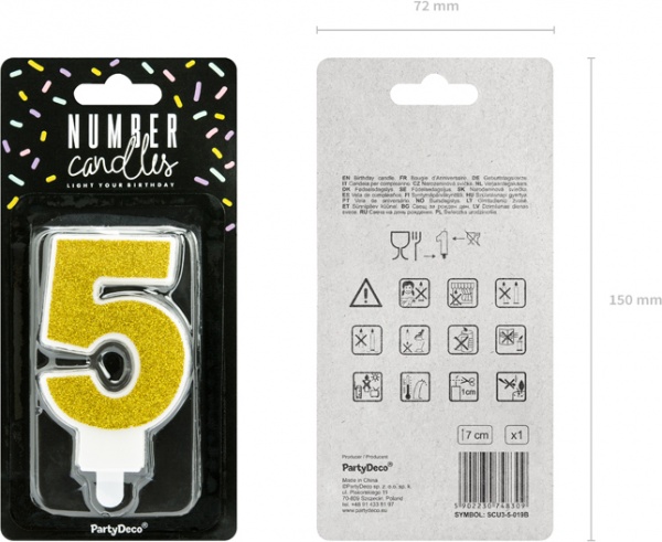 Свеча для торта Partydeco цифра 5 золотая 7 см (SCU3-5-019B)