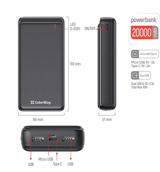 Универсальная мобильная батарея ColorWay 20000 mAh black (CW-PB200LPD2BK) 