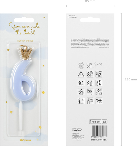 Свеча для торта Partydeco цифра 6 пастель голубая 9,5 см (SCU6-6-001J)