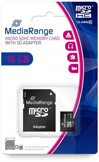 Карта пам'яті MediaRange microSDHC 16 ГБ Class 10 (MR958 ) + SD адаптер