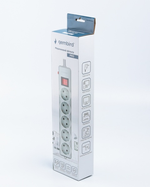 Сетевой фильтр Gembird с заземлением 5 гн. серый 3 м SPG5-G-10G-PRO
