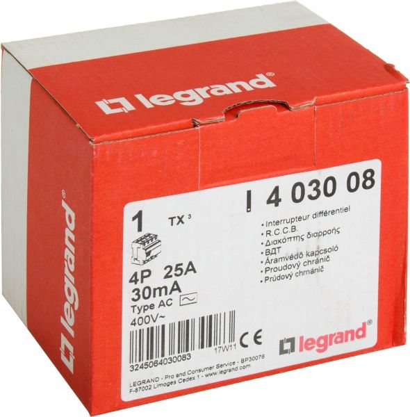 Диференційне реле Legrand 4Р 25A 30mA-AC 403008