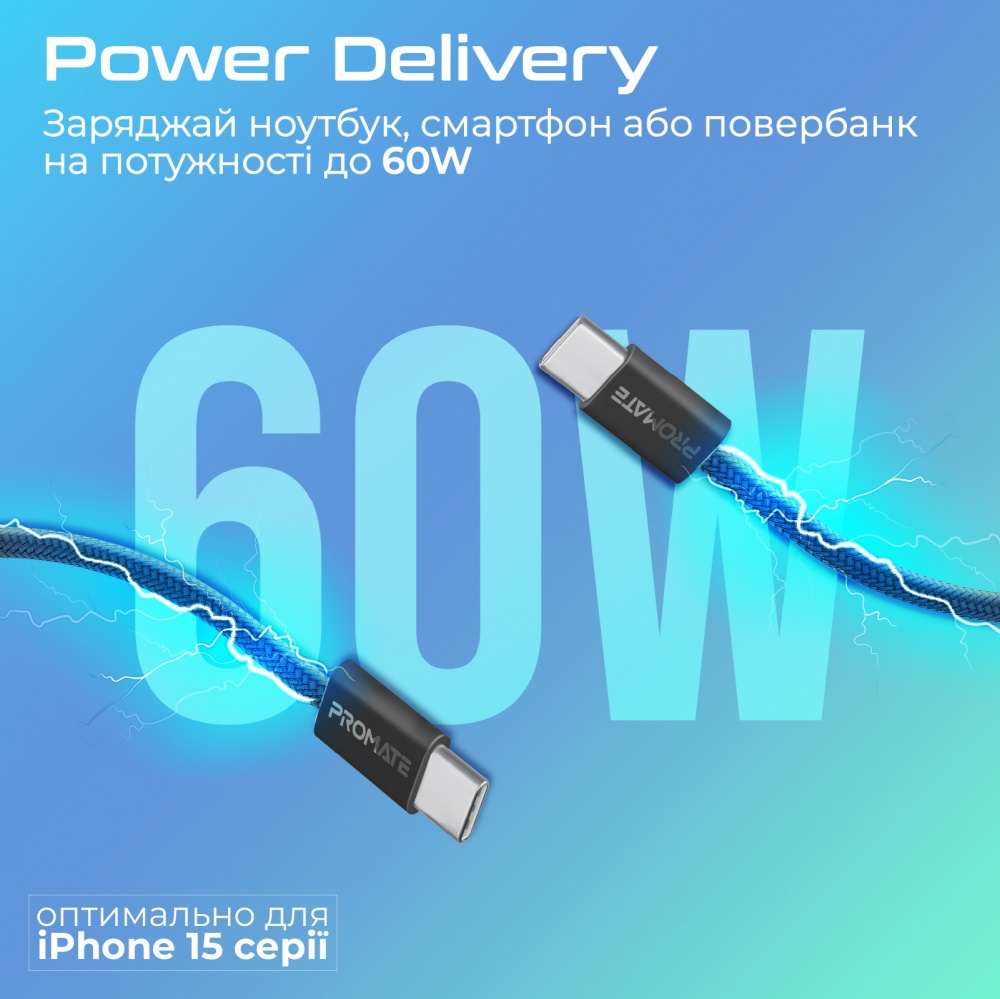 Кабель Promate EcoLine-CC200 USB-C to USB-C 60W Power Delivery 2 м black (ecoline-cc200.black)