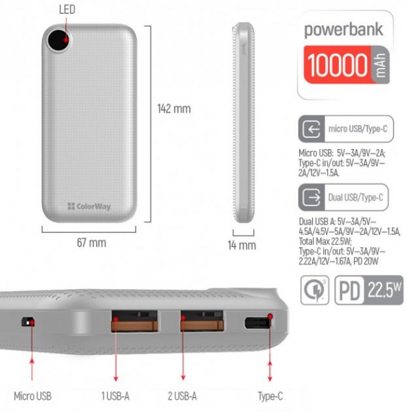 Внешний аккумулятор (Powerbank) ColorWay LCD USB QC3.0 + USB-C PD 22.5W 10000 mAh white (CW-PB100LPI3WT-PDD) 