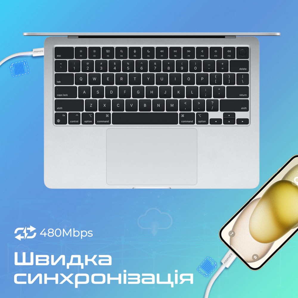 Кабель Promate USB-C to USB-C 60W Power Delivery 1,2 м white (ecoline-cc120.white)