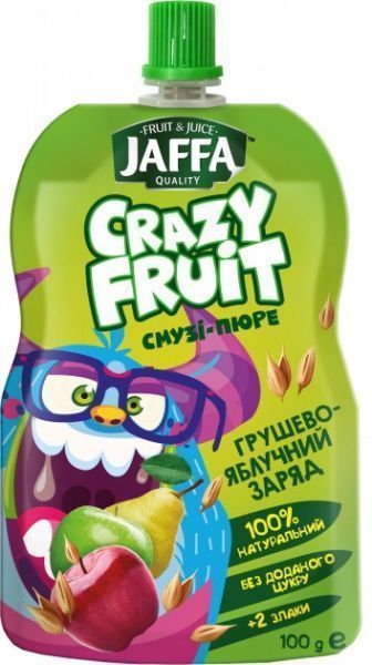 Пюре Jaffa Десерт фруктовий Crazy Fruit з груш та яблук перетертих зі злаками 100 г 