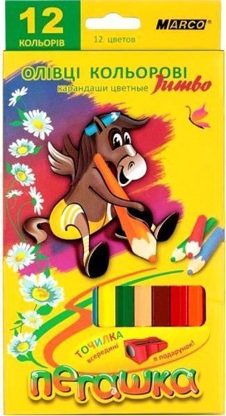 Олівці кольорові Пегашка Jumbo зі стругачкою, 12 кольорів Marco