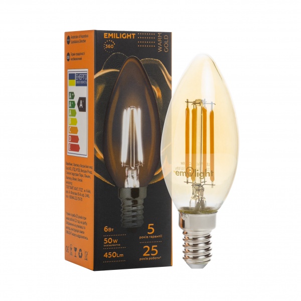Лампа світлодіодна Emilight Промо Gold C35 6 Вт E14 3000 К 220 В прозора 