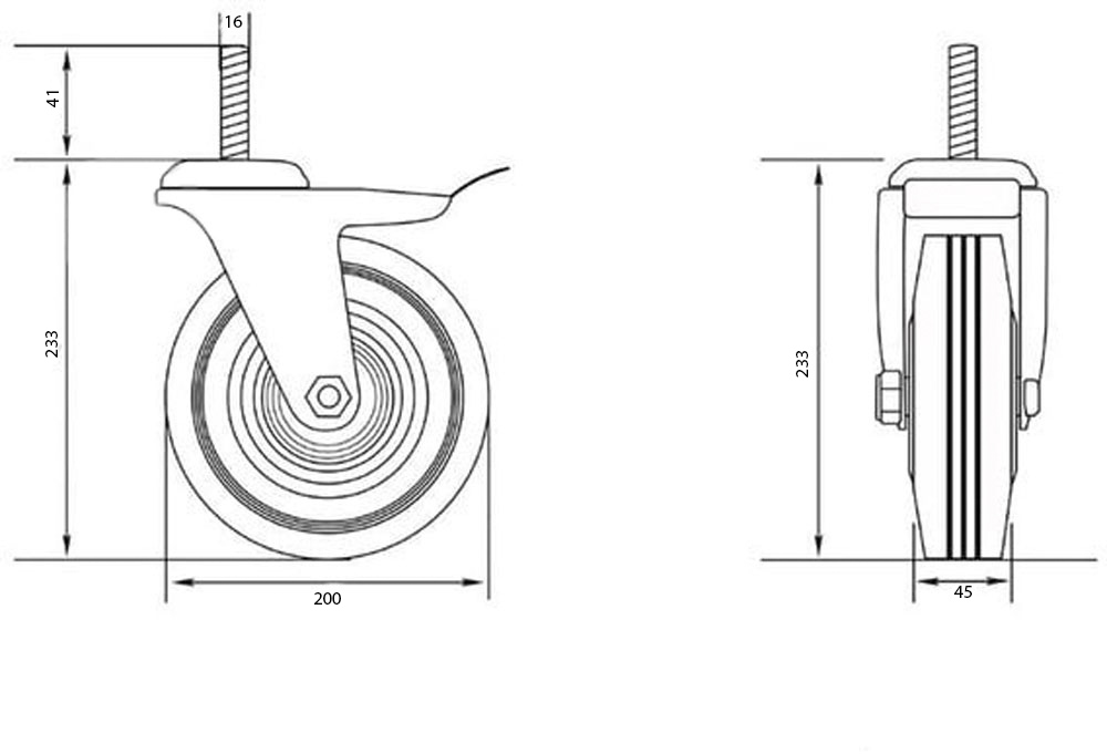 Колесо d200 мм резиновое поворотное с тормозом і резьбовым штырем M16